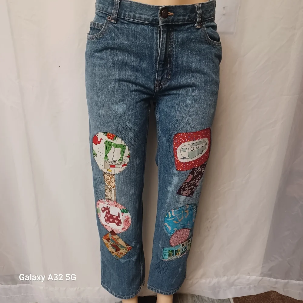 Lands' End Blue Ankle Cropped Jeans with Playful Patchwork Size 14 - Picture 3 of 14